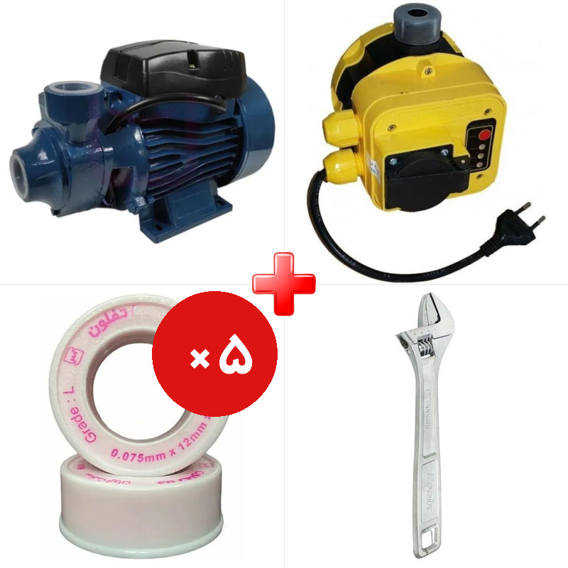 پک ویژه الکتروپمپ آب نیم اسب برتونی تیپ QB60 به همراه ست کنترل الکتروپمپ آب آرکا DSK01-PC19/a و دو قلم دیگر