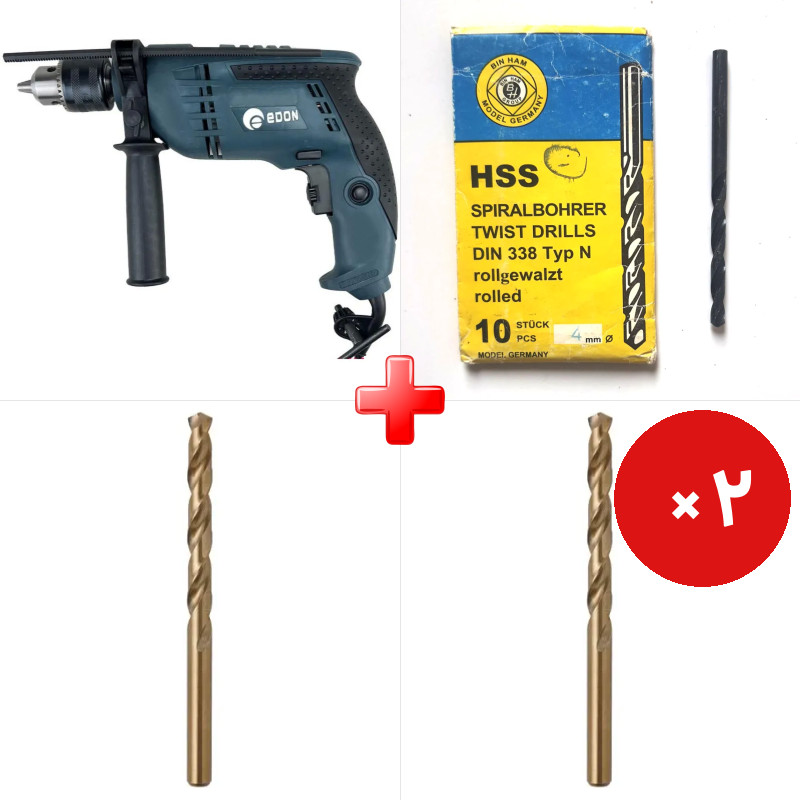 پک ویژه دریل 13 چکشی 850 وات ادون CBM13I به همراه مته آهن HSS مشکی سایز 8 مارک BIN HAM و دو قلم دیگر
