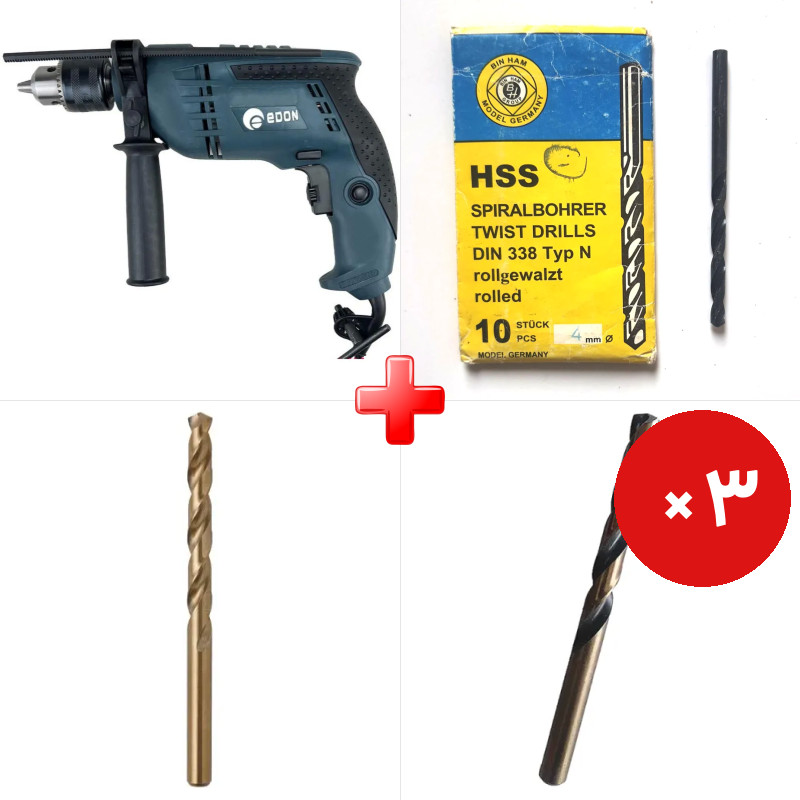 پک ویژه دریل 13 چکشی 850 وات ادون CBM13I به همراه مته آهن HSS مشکی سایز 8 مارک BIN HAM و دو قلم دیگر