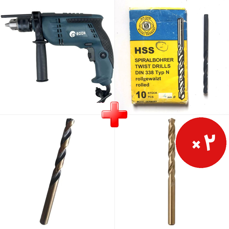 پک ویژه دریل 13 چکشی 850 وات ادون CBM13I به همراه مته آهن HSS مشکی سایز 8 مارک BIN HAM و دو قلم دیگر