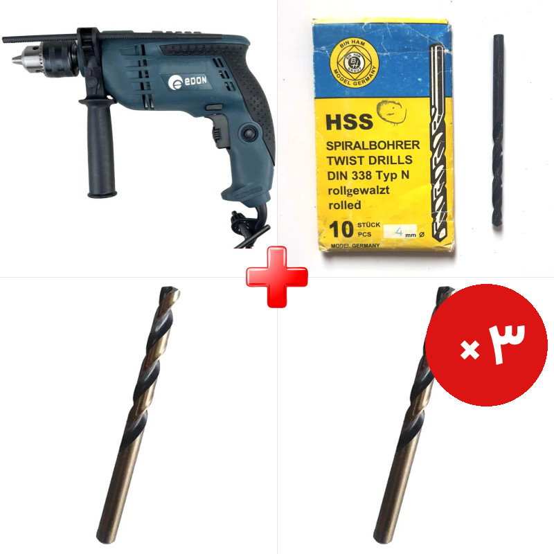 پک ویژه دریل 13 چکشی 850 وات ادون CBM13I به همراه مته آهن HSS مشکی سایز 8 مارک BIN HAM و دو قلم دیگر