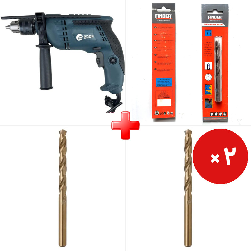 پک ویژه دریل 13 چکشی 850 وات ادون CBM13I به همراه مته آهن سایز 8 مارک فایندر اسپانیایی اصل روکش تیتانیوم نیترید و دو قلم دیگر