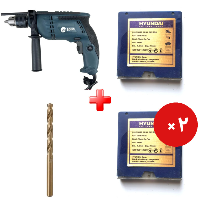 پک ویژه دریل 13 چکشی 850 وات ادون CBM13I به همراه مته آهن سایز 9.5 هیوندای کره اصل (یک عدد) و دو قلم دیگر