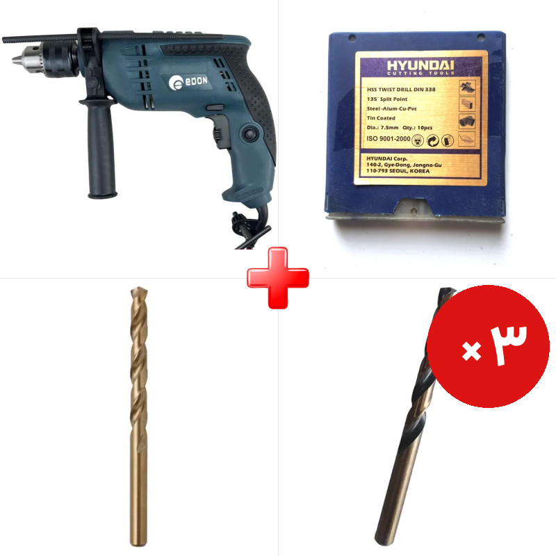 پک ویژه دریل 13 چکشی 850 وات ادون CBM13I به همراه مته آهن سایز 9.5 هیوندای کره اصل (یک عدد) و دو قلم دیگر