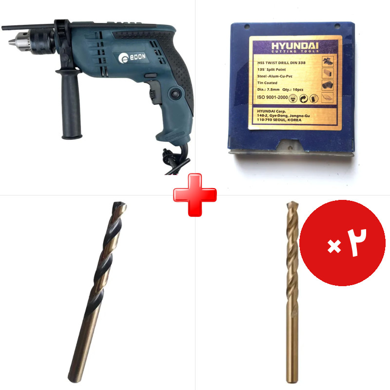 پک ویژه دریل 13 چکشی 850 وات ادون CBM13I به همراه مته آهن سایز 9.5 هیوندای کره اصل (یک عدد) و دو قلم دیگر
