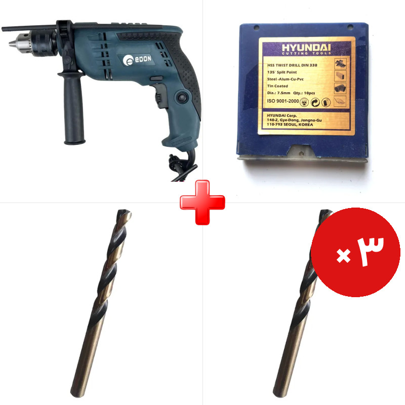 پک ویژه دریل 13 چکشی 850 وات ادون CBM13I به همراه مته آهن سایز 9.5 هیوندای کره اصل (یک عدد) و دو قلم دیگر